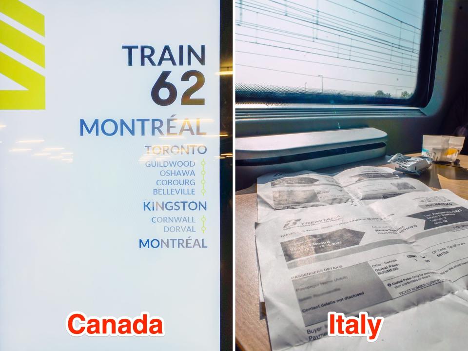 A screen at the author's boarding platform in Toronto (L). The author's ticket on the train in Italy (R).