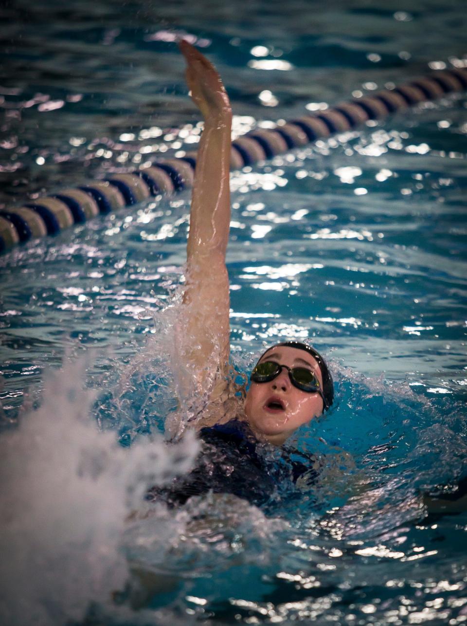 Kittatinny's Clare Schwartz competes in the 100-yard backstroke during a meet against High Point-Wallkill Valley on Dec. 18, 2019, in Hampton.