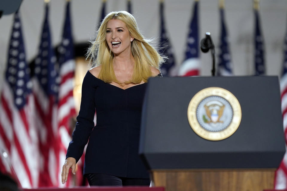 Ivanka Trump arrives to introduce President Donald Trump from the South Lawn of the White House on the fourth day of the Republican National Convention, Thursday, Aug. 27, 2020, in Washington. (AP Photo/Evan Vucci)