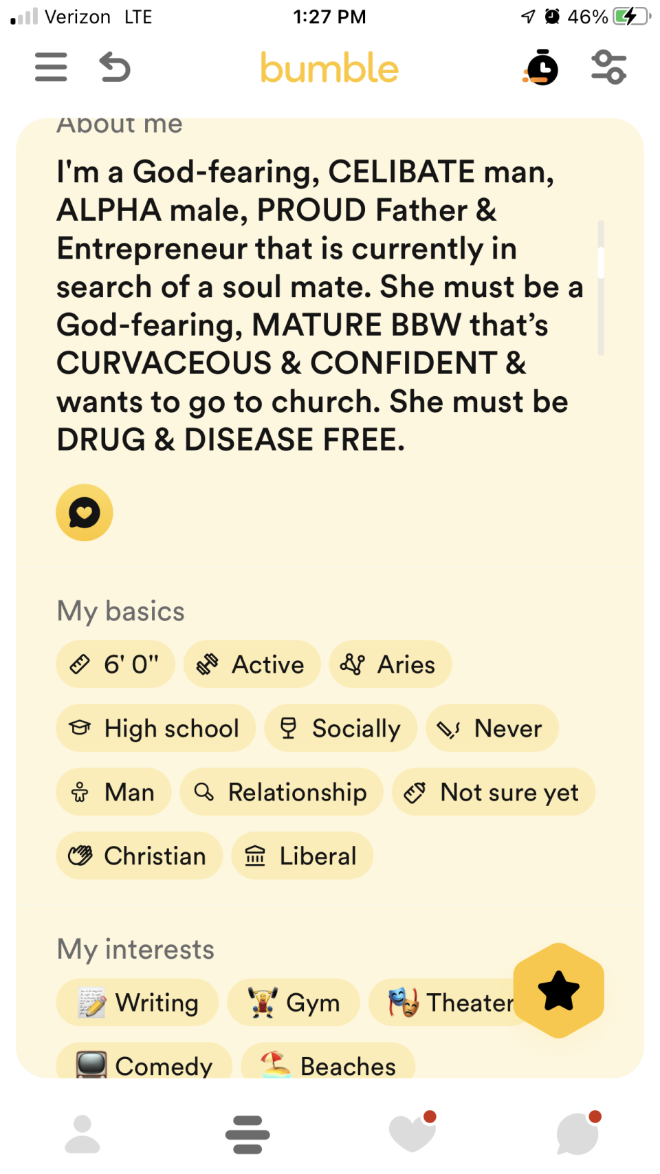 This about me section says he is a "god-fearing, celibate alpha male" looking for a soul mate who is "a god-fearing, mature BBW who is curvaceous and confident, wants to go to church, and is drug and disease free"