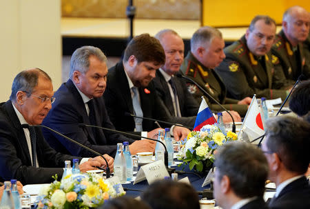 Russian Foreign Minister Sergei Lavrov and Defence Minister Sergei Shoigu attend their two-plus-two Foreign and Defense Ministers meeting with Japanese Foreign Minister Taro Kono and Defense Minister Takeshi Iwaya at the Iikura Guest House in Tokyo, Japan, May 30, 2019. Franck Robichon/Pool via Reuters