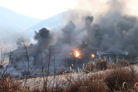 A combat drill of the service personnel of the special operation battalion of KPA Unit 525 is seen in this undated photo released by North Korea's Korean Central News Agency (KCNA) in Pyongyang on December 11, 2016. KCNA via REUTERS