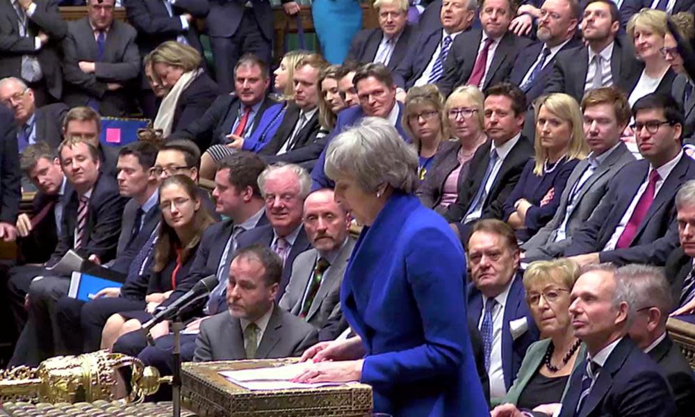 British Prime Minister Theresa May speaks after winning a confidence vote on 16 January