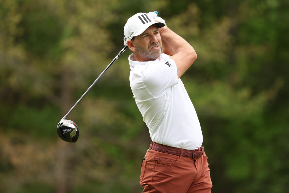 Seen here, Spain's Sergio Garcia playing his shot from the 11th tee during the first round of the Wells Fargo Championship.