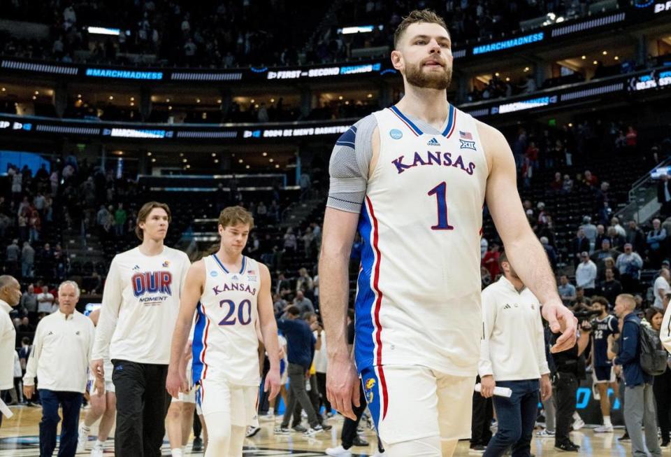 Kansas Jayhawks center Hunter Dickinson (1) walks off the court after the Gonzaga Bulldogs defeated Kansas 89-68 in a men’s college basketball game in the second round of the NCAA Tournament on Saturday, March 23, 2024, in Salt Lake City, Utah. Nick Wagner/nwagner@kcstar.com