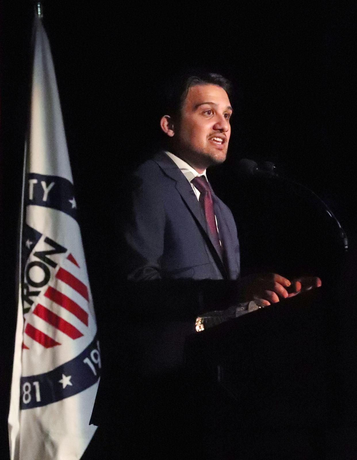 Akron Mayor Shammas Malik talks about his first 100 days as he delivers the State of the City address at The Civic Theatre on Wednesday in Akron.