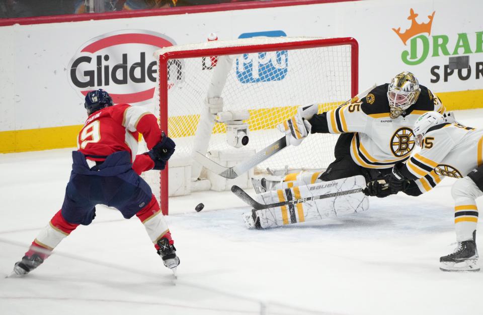 Panthers forward Matthew Tkachuk scores a goal against Bruins goaltender Linus Ullmark in the first period of Game 6 on Friday night.