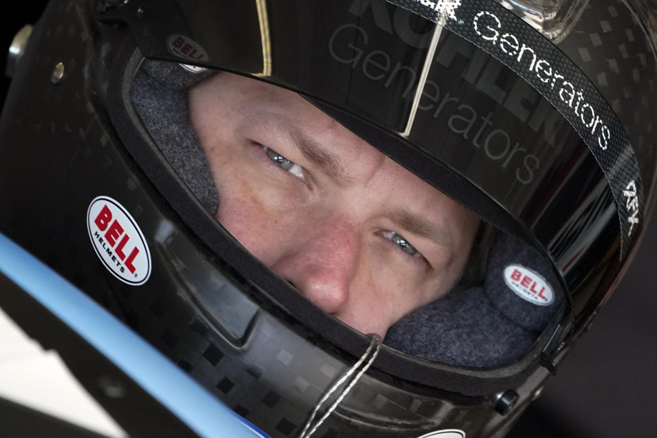 NASCAR Cup Series driver Brad Keselowski (6) prepares for practice for Sunday's NASCAR Cup Series auto race at Atlanta Motor Speedway in Hampton, Ga., Saturday, March 19, 2022, (AP Photo/John Bazemore)