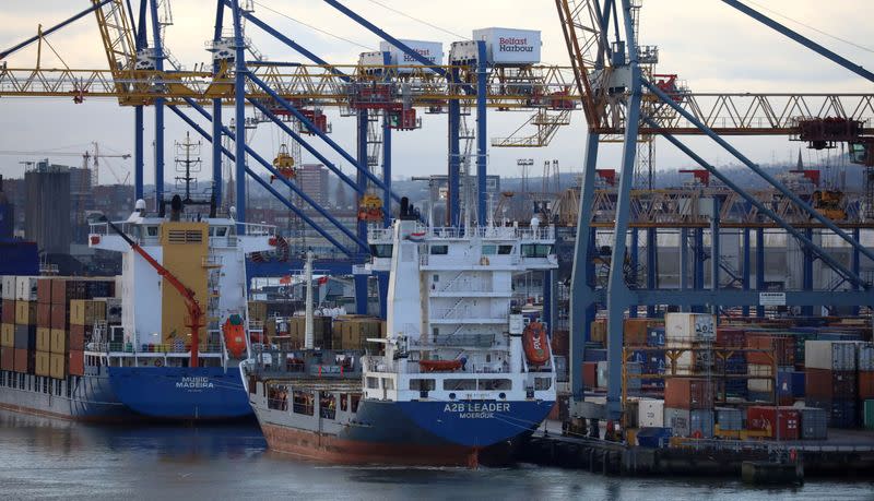 FILE PHOTO: Container ships are berthed at the Port of Belfast