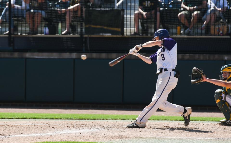 Battle Creek Lakeview's Bryce Plane bats against Grosse Pointe North Friday, June 17, 2022, during the D1 MHSAA state semifinal at McLane Stadium in East Lansing. Grosse Pointe North won 8-0.