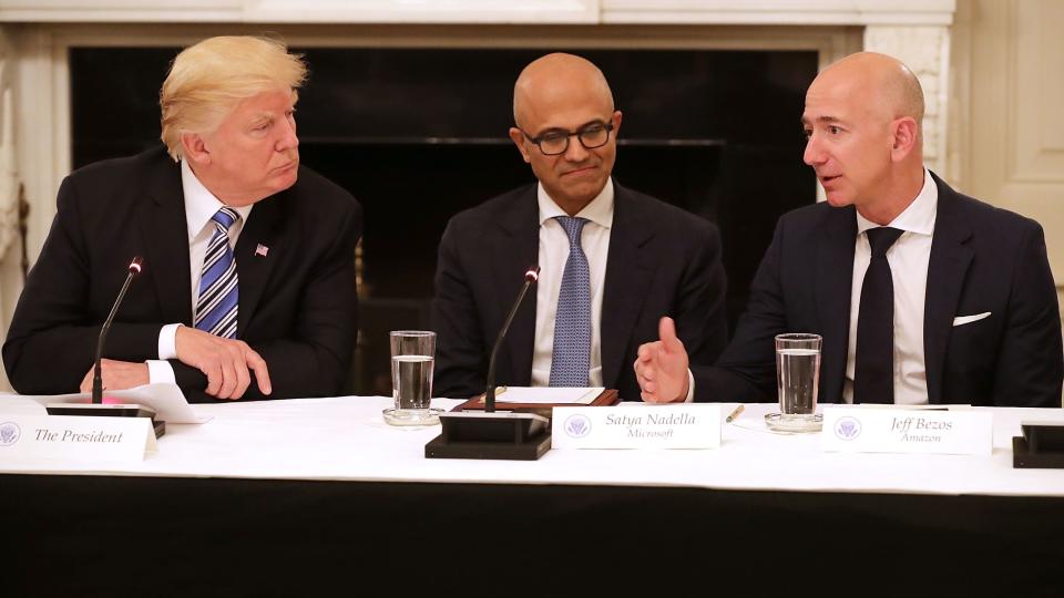 President Trump, Microsoft CEO Stya Nadella, and Amazon CEO Jeff Bezos (Getty Images)