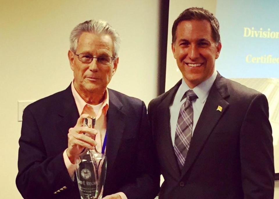 Former State Attorney Barry Krischer, left, after he received the Pursuit of Justice Award in 2016 from current State Attorney Dave Aronberg. Aronberg.