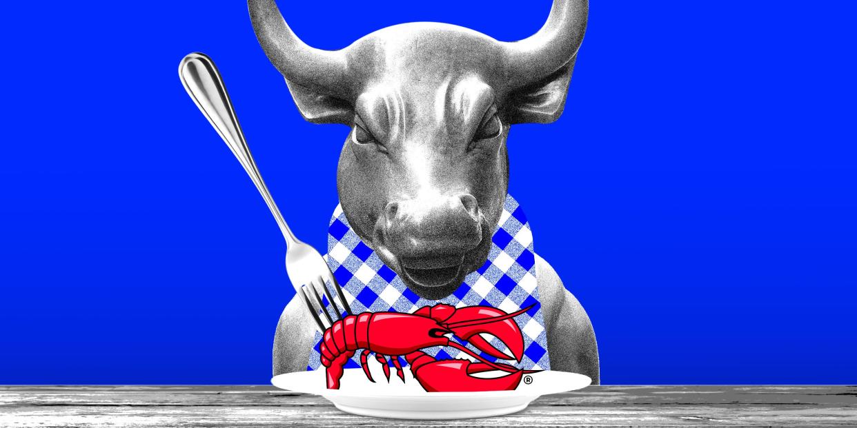 The Wall Street bull about to eat a Red Lobster logo
