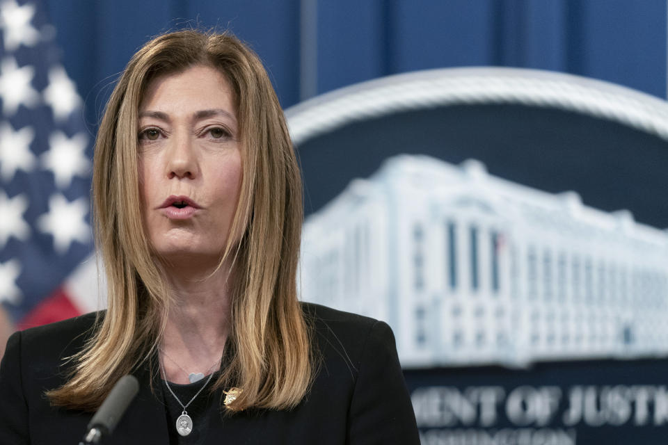 FILE - Drug Enforcement Administration Administrator Anne Milgram, speaks during a news at the Department of Justice in Washington, Tuesday, Oct. 26, 2021. Nicholas Palmeri's case adds to a growing litany of misconduct roiling the nation’s premier narcotics law enforcement agency at a time when its sprawling foreign operations — spanning 69 countries — are under scrutiny from an external review ordered by Milgram. (AP Photo/Manuel Balce Ceneta, File)