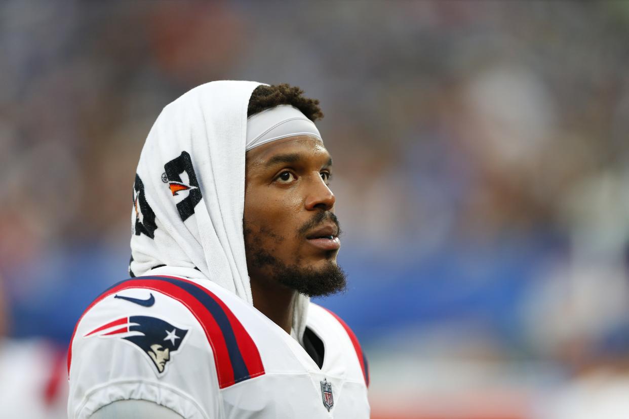 New England Patriots quarterback Cam Newton (1) during the first half of an NFL preseason football game against the New York Giants Sunday, Aug. 29, 2021, in East Rutherford, N.J. (AP Photo/Noah K. Murray)