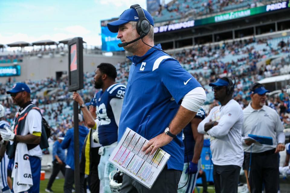 Indianapolis Colts head coach Frank Reich watches as his Colts get destroyed by the Jacksonville Jaguars on Sept. 18, 2022, in Jacksonville, Fla. The Jaguars defeated the Colts 24-0. (AP Photo/Gary McCullough)