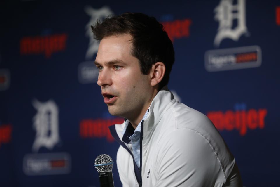 Detroit Tigers president of baseball operations Scott Harris talks about the future of the team during an end-of-season news conference at Comerica Park on Monday, Oct. 2, 2023.