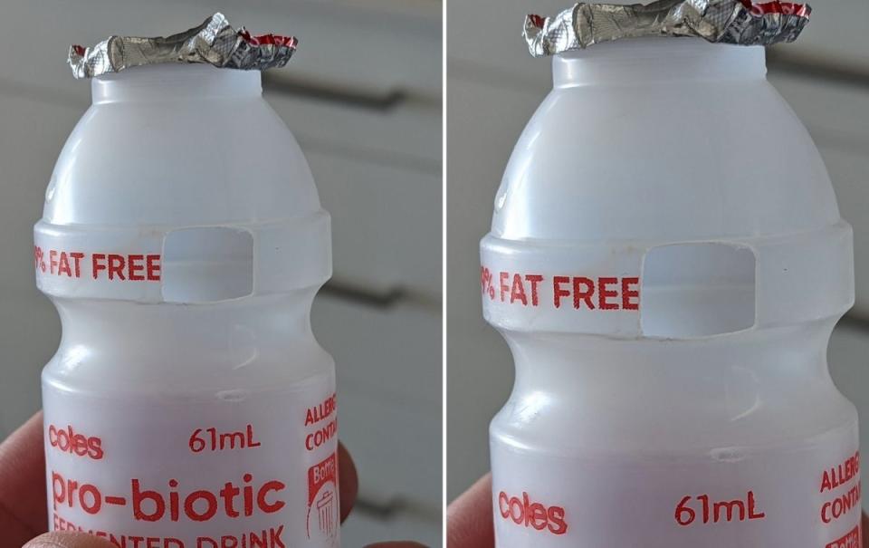 The bottle had a perfectly cut square hole on the side which wasn't discovered until after contents was consumed. Source: Facebook