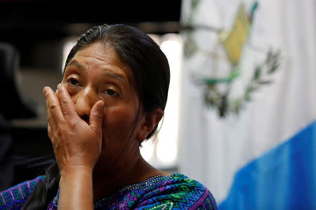Dominga Vicente reacts during a news conference while talking about the killing of her relative Claudia Gomez, a Guatemalan immigrant killed by an US Border Patrol officer on Wednesday while entering illegally to Texas, during a news conference in Guatemala City, Guatemala May 25, 2018. REUTERS/Luis Echeverria