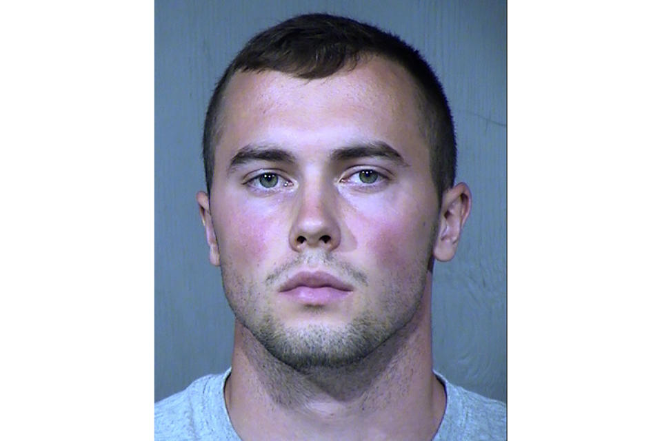 This booking provided by the Maricopa County, Ariz., Sheriff's Office shows Mark Gooch, an Air Force airman, who was arrested Tuesday, April 21, 2020, in the death of Sasha Krause, a Mennonite woman whose body was found off a forest road in northern Arizona two months ago, authorities said. (Maricopa County Sheriff's Office via AP, File)