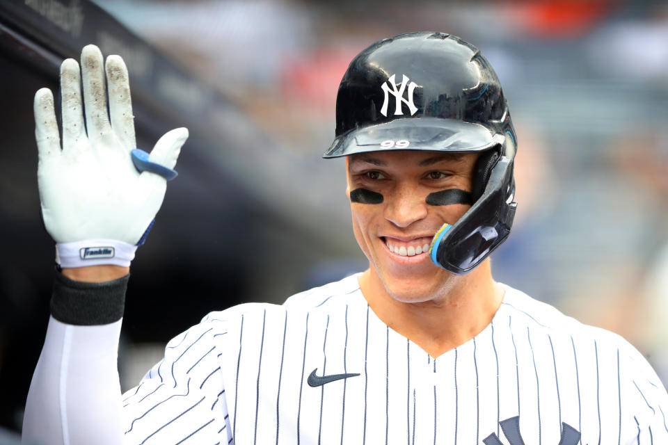 NEW YORK, NY - SEPTEMBER 07: Aaron Judge #99 of the New York Yankees celebrates after hitting his 55th home run of the season during the game between the Minnesota Twins and the New York Yankees at Yankee Stadium on Wednesday, September 7, 2022 in New York, New York. (Photo by Mary DeCicco/MLB Photos via Getty Images)