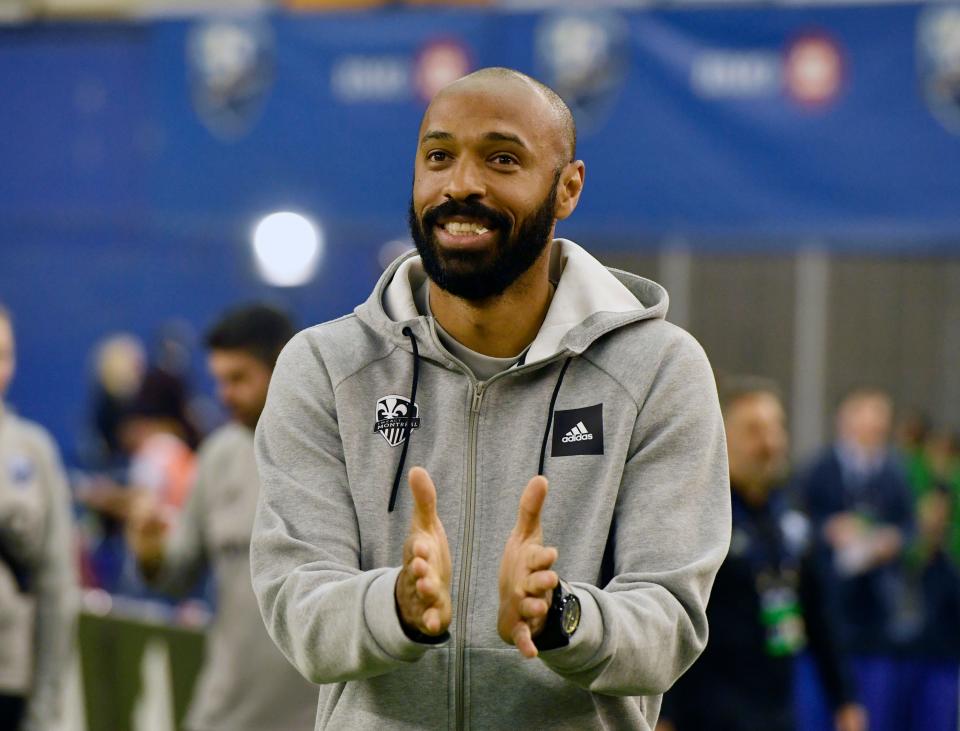 Feb 29, 2020; Montreal, Quebec, CAN; Montreal Impact head coach Thierry Henry walks the field before the game against the New England Revolution at Olympic Stadium.