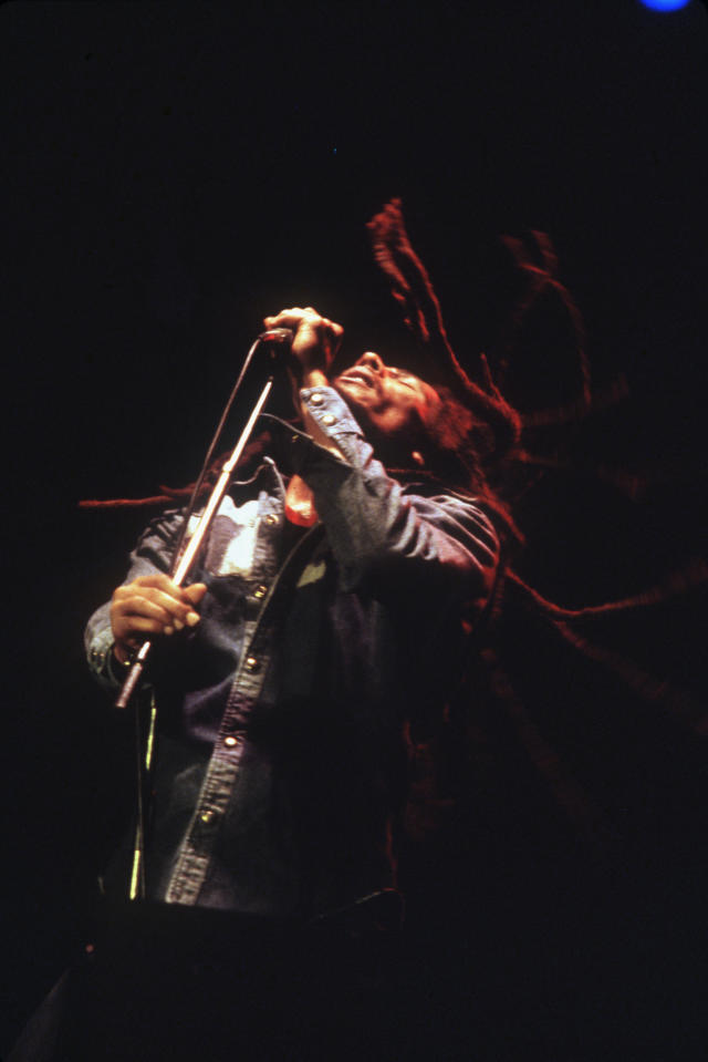 Jamaican reggae singer Bob Marley gives the last concert of his French tour at Le Bourget. The event was the biggest concert France has ever seen. (Photo by &#xa9; Jacques Pavlovsky/Sygma/CORBIS/Sygma via Getty Images)