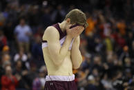 <p>Tucker Richardson #15 of the Colgate Raiders reacts after being defeated by the Tennessee Volunteers 77-70 in the first round of the 2019 NCAA Men’s Basketball Tournament at Nationwide Arena on March 22, 2019 in Columbus, Ohio. </p>