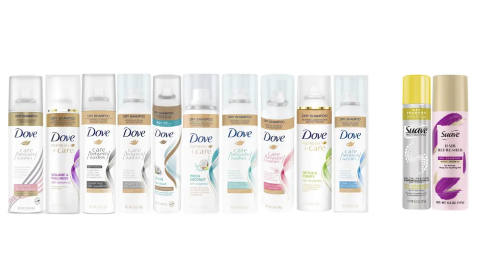 The above are a few of the dry shampoos from Dove and Suave that were recalled.