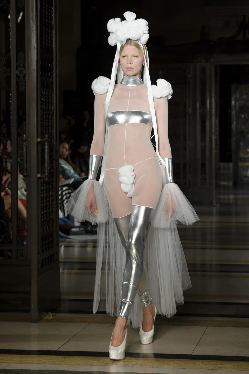 A model wears a design created by Pam Hogg during London Fashion Week Spring/Summer 2014, at the Freemasons' Hall in central London, Monday, Sept. 16, 2013. (Photo by Jonathan Short/Invision/AP)