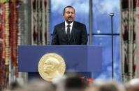 Ethiopia's Prime Minister Abiy Ahmed makes a speech during the Nobel Peace Prize award ceremony in Oslo City Hall, Norway, Tuesday Dec. 10, 2019. (Stian Lysberg Solum/NTB Scanpix via AP)