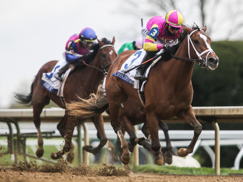 Leslie's Rose ridden by Irad Ortiz, Jr. won the Central Bank Ashland Stakes in the ninth race of the 2024 Spring Meet in Lexington, Ky. Todd Pletcher is the trainer for Leslie's Rose of Whisper Hill Farm. April 5, 2024