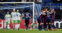 Soccer Football - Women's Champions League Final - Olympique Lyonnais vs VfL Wolfsburg - Valeriy Lobanovskyi Stadium, Kiev, Ukraine - May 24, 2018 Lyon’s Camille Abily celebrates scoring their fourth goal with teammates REUTERS/Gleb Garanich