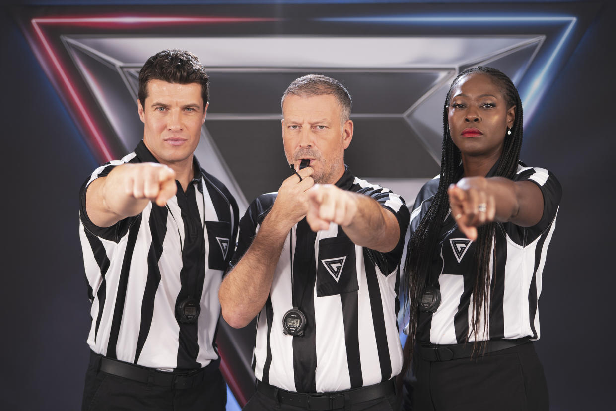 Lee Phillips, Mark Clattenburg and Sonia Mkoloma are the referees on the BBC's Gladiators reboot. (BBC)