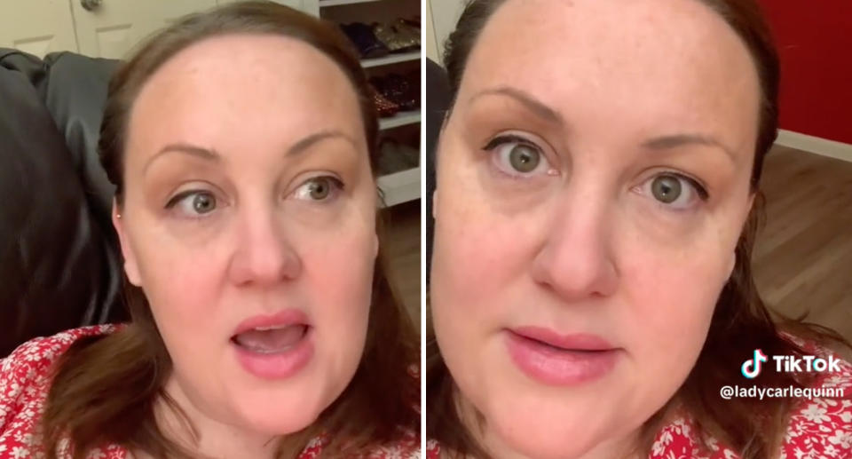 Two photos of the Australian woman sharing how her coworker assumed she would swap her Easter holiday leave with her simply because she has children.