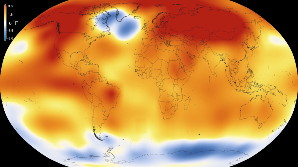 Almost all of the globe is warming except for a cold blob in the North Atlantic. / Credit: NASA