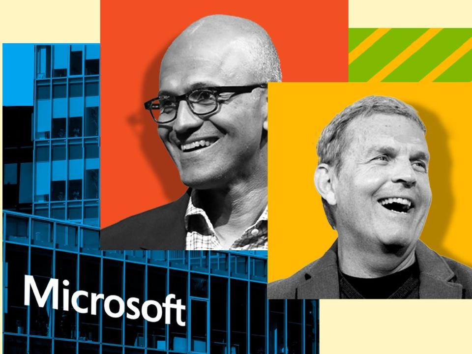 Satya Nadella and Charlie Bell on a color blocked background