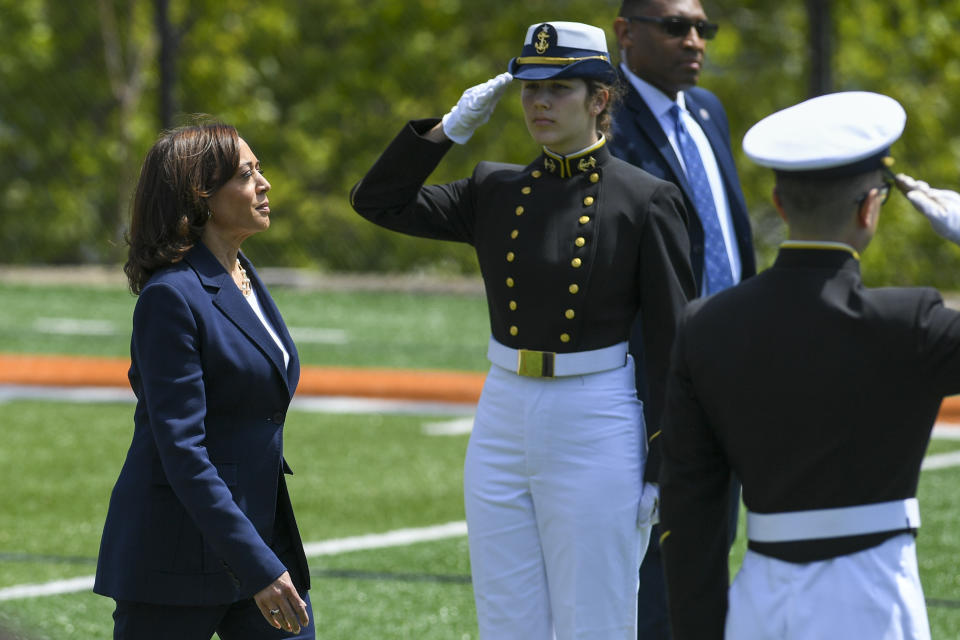 Vice President Kamala Harris arrives to deliver the keynote address at the U.S. Coast Guard Academy's 141st Commencement Exercises, Wednesday, May 18, 2022, in New London, Conn. (AP Photo/Stephen Dunn)