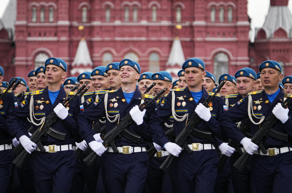 Russian servicemen march during the Victory Day military parade in Moscow, Russia, Monday, May 9, 2022, marking the 77th anniversary of the end of World War II. (AP Photo/Alexander Zemlianichenko)