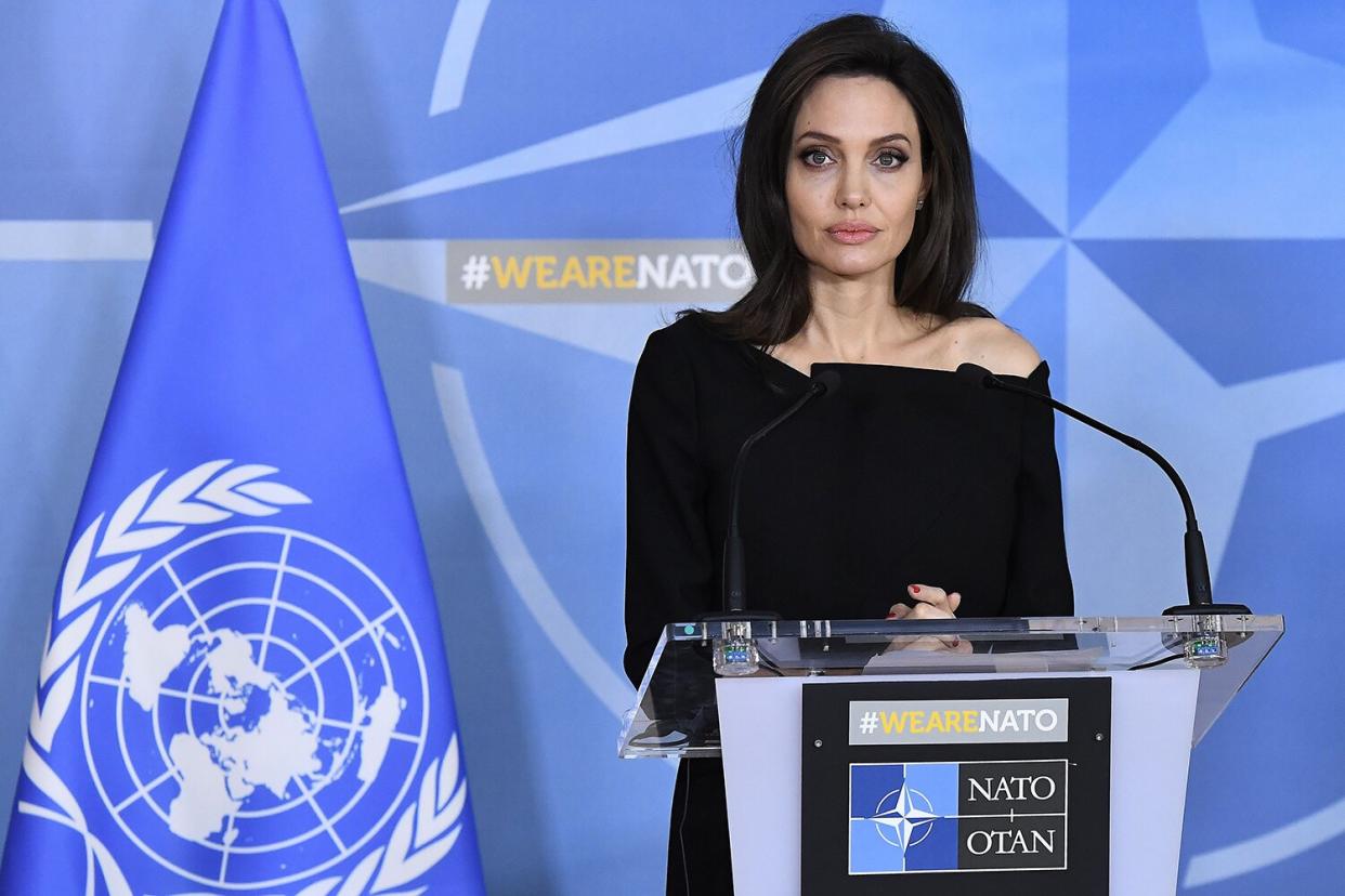 US actress and Special Envoy for the United Nations High Commissioner for Refugees (UNHCR) Angelina Jolie adresses a press conference after meeting with NATO Secretary General in Brussels on January 31, 2018.