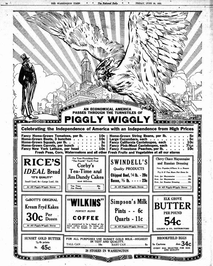 Patriotic newspaper ad for Piggly Wiggly supermarkets in Washington DC.