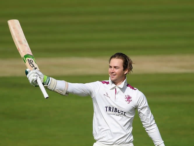 Eddie Byrom of Somerset celebrates reaching his century (Getty)