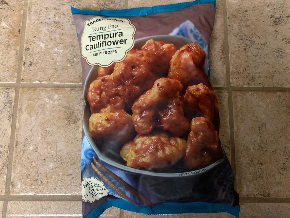 blue original package of Trader Joe's kung pao tempura cauliflower