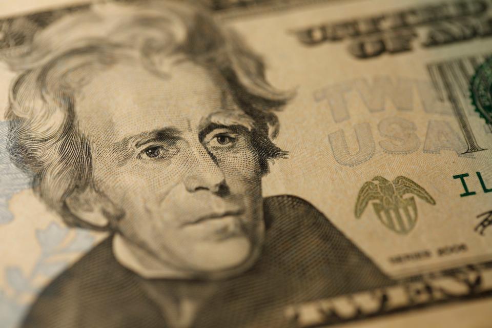 An up-close view of Andrew Jackson's portrait on a twenty dollar bill.