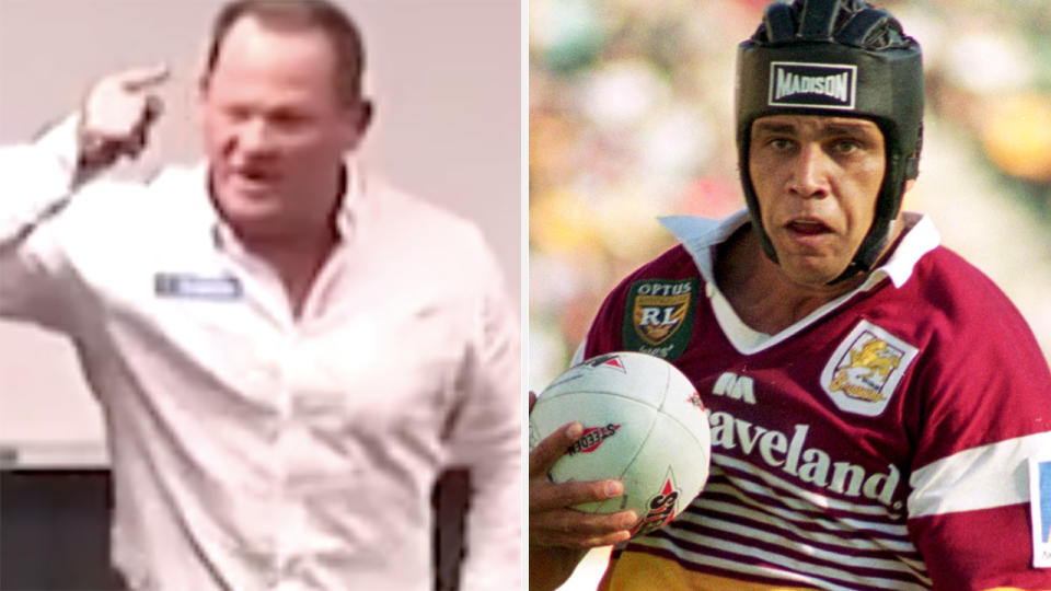 Brisbane Broncos coach Kevin Walters is pictured giving his team a spray on the left, with former Broncos great Steve Renouf pictured right.