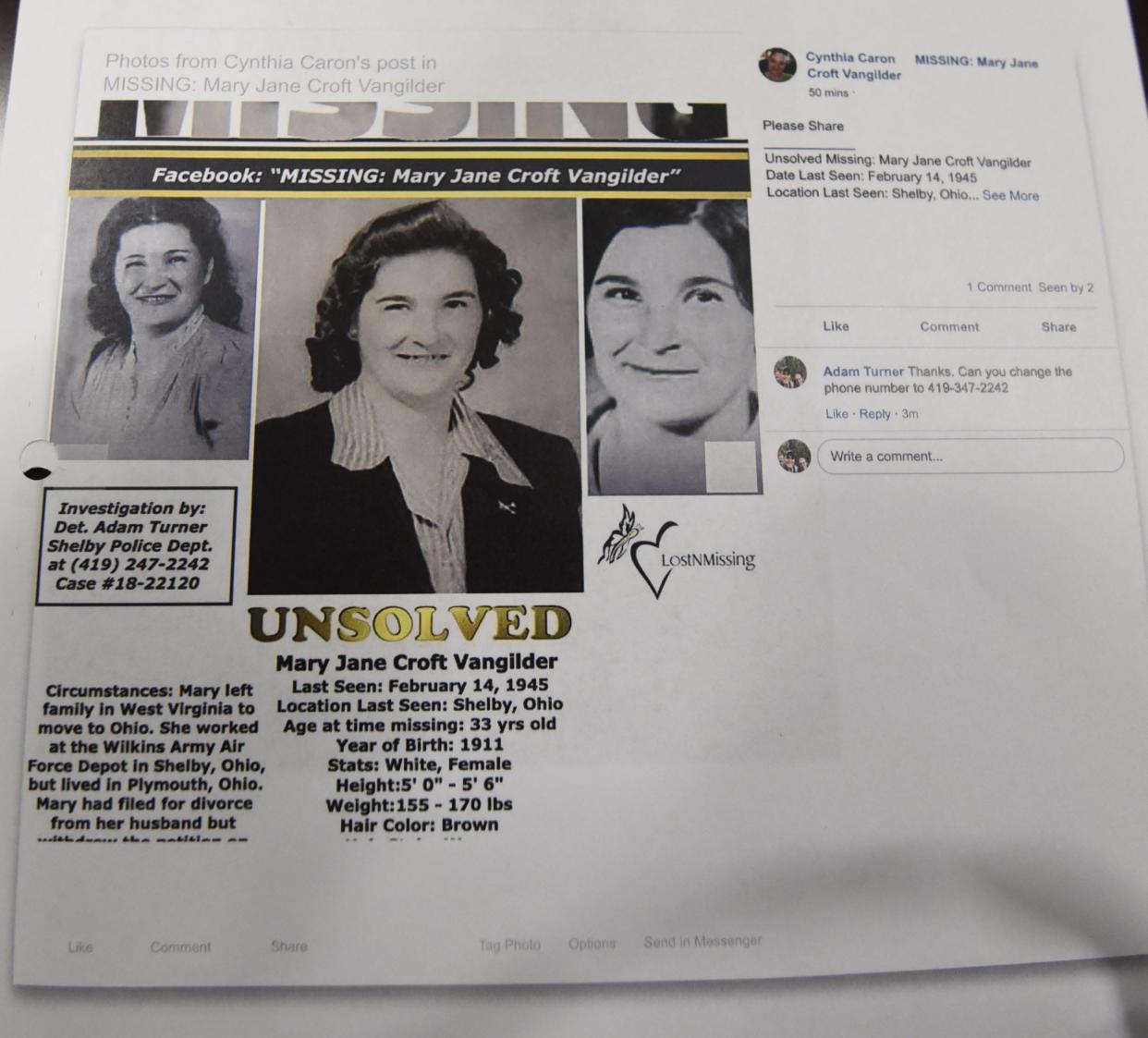 Mary Jane Croft Vangilder was last seen on Valentines Day, 1945.