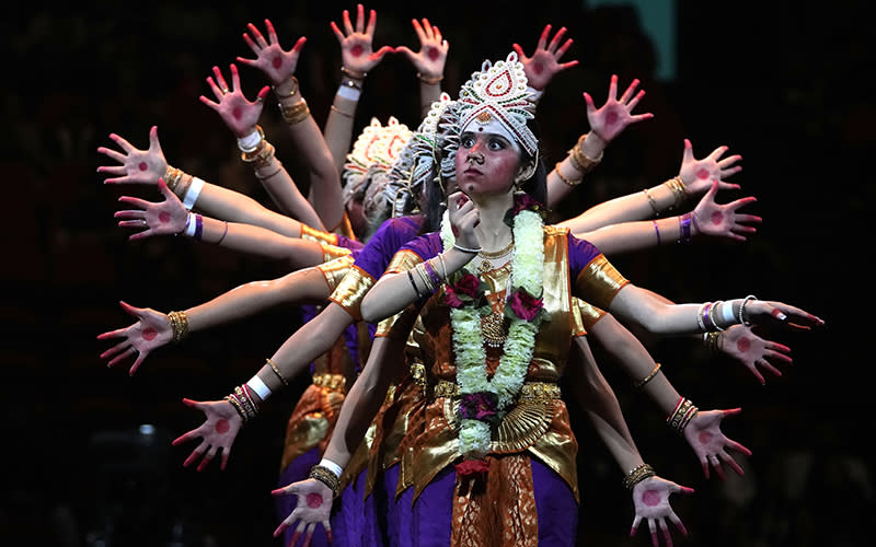 Dancers perform ahead of Indian Prime Minister Narendra Modi's arrival to attend an Indian community event
