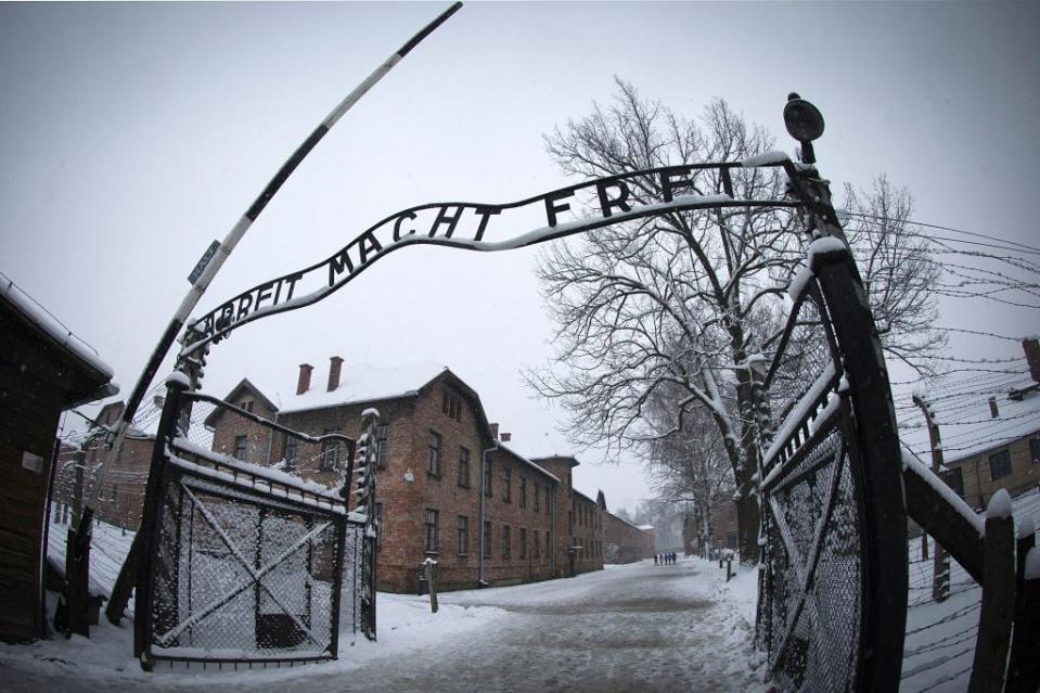 The gates of the Nazi concentration camp at Auschwitz, Poland. The sign above them is “Arbeit Macht Frei” – “Work Makes You Free.” Jonathan Glazer said he did not support Jews and Israel using the Holocaust to sanction the Israel-Hamas war in his Oscar speech. AFP via Getty Images