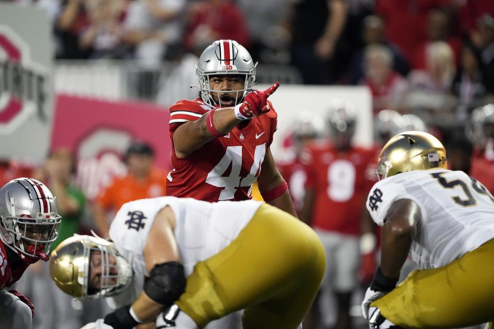 Sep 3, 2022; Columbus, Ohio, USA; Ohio State Buckeyes defensive end J.T. Tuimoloau (44) during the NCAA football game between Ohio State Buckeyes and Notre Dame Fighting Irish at Ohio Stadium. 