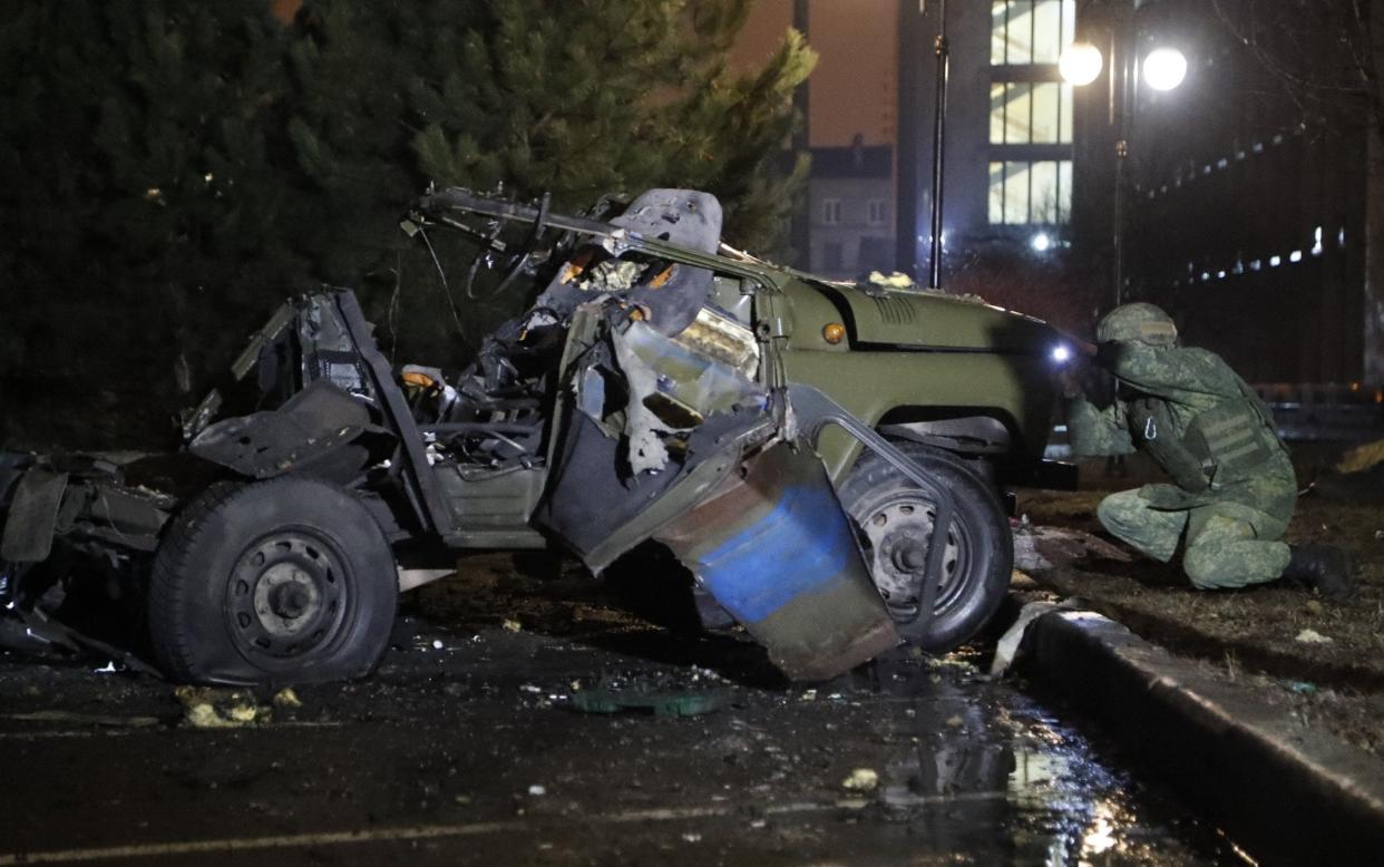 A car was destroyed by a blast on Friday in the centre of the pro-Russian separatist city of Donetsk - GETTY IMAGES